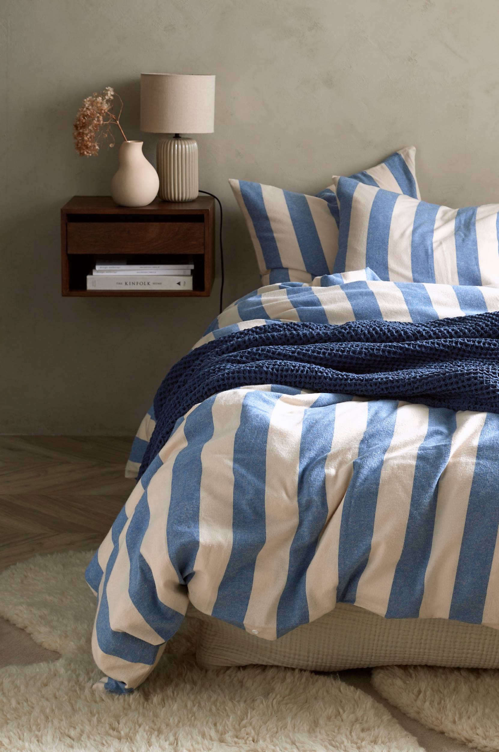 Ellos - Påslakanset Valerie Block Stripe i bomullsflanell, 2 delar - Blå - 150X200