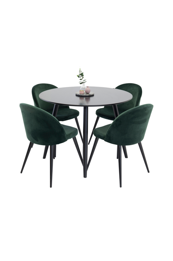Bilde av Spisegruppe med spisebord Pia Round Table og 4 Velvet Chair - Svart/ grønn
