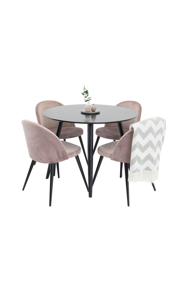 Bilde av Spisegruppe med spisebord Pia Round Table og 4 Velvet Chair - Svart/rosa
