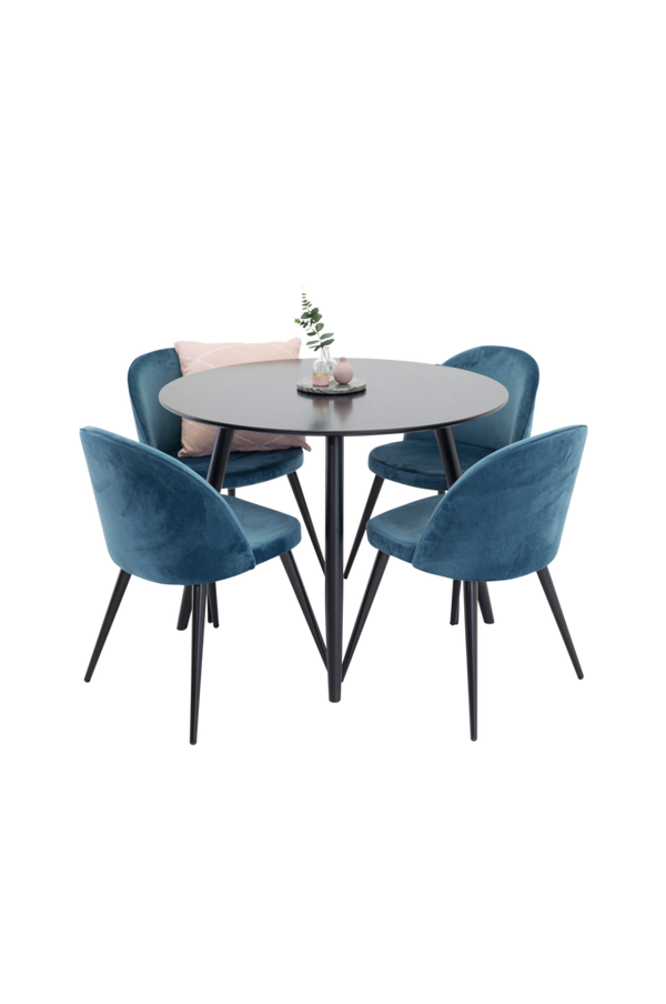 Bilde av Spisegruppe med spisebord Pia Round Table og 4 Velvet Chair - Svart/blå
