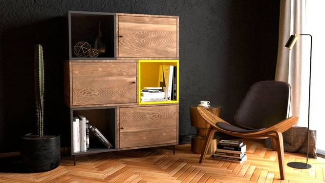 Modern Bookcase in Walnut Anthracite Grey and Yellow
