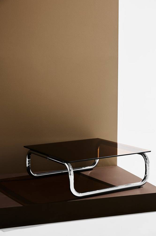 Lulu soffbord i glas och krom 80×80 cm Brown glass/chrome