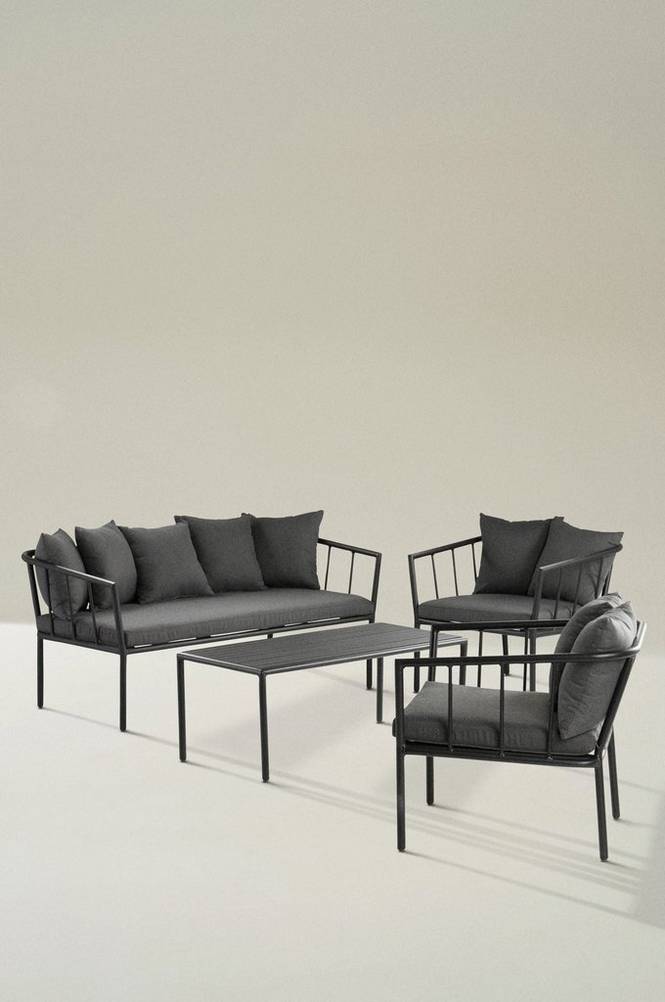 MENTON loungemöbel – 4 delar Svart/mörkgrå dynor
