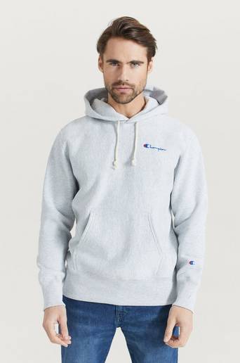 Champion Reverse Weave Hoodie Small Script Hooded Sweatshirt Grå