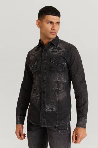 Philipp Plein Denim Shirt Ls Allover Outline Skull Grå