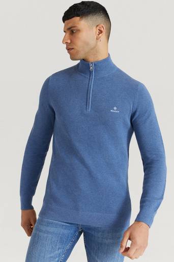 Gant Stickad Tröja Cotton Pique Half Zip Blå