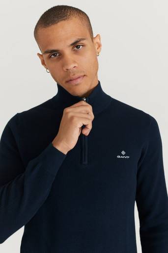 Gant Stickad Tröja Cotton Pique Half Zip Blå