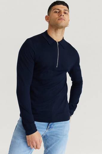 Filippa K Finstickad Tröja M. Shawn Zip Polo Shirt Blå