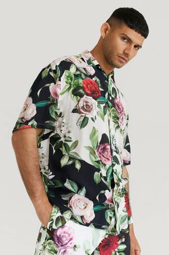 SIKSILK Kortärmad Skjorta Floral Pixel High Collar Resort Svart