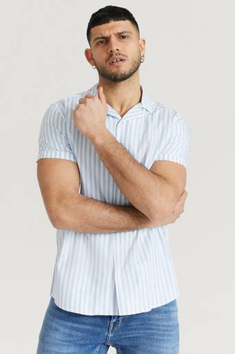 Les Deux Kortärmad Skjorta Simon Stripe SS Poplin Shirt Blå