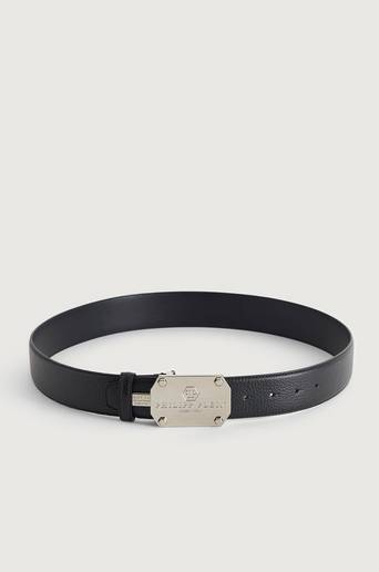 Philipp Plein Leather Belt Iconic Plein Plate Svart