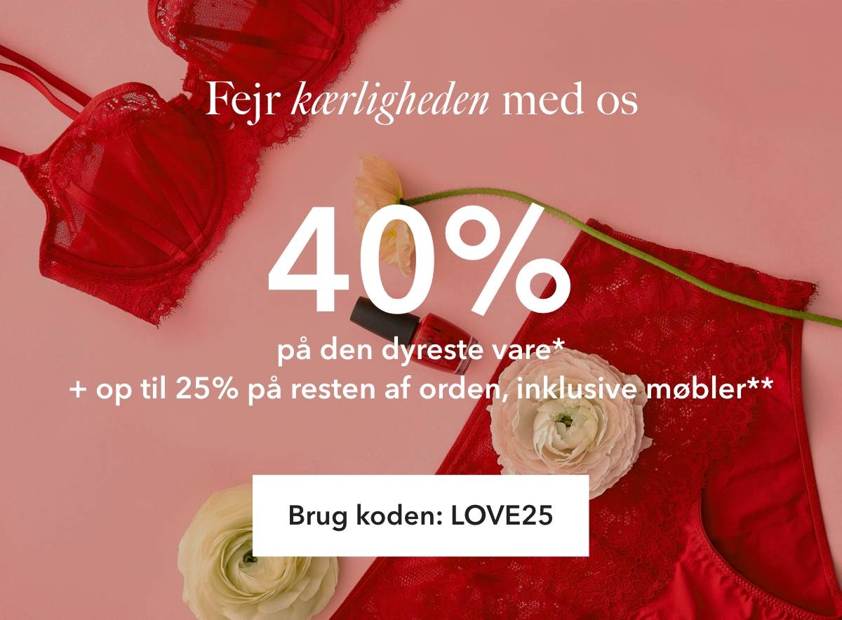 Rødt blondeundertøj med blomster mod rosa baggrund og tekst om 40 % rabat på dyreste vare samt kampagnekode LOVE25.