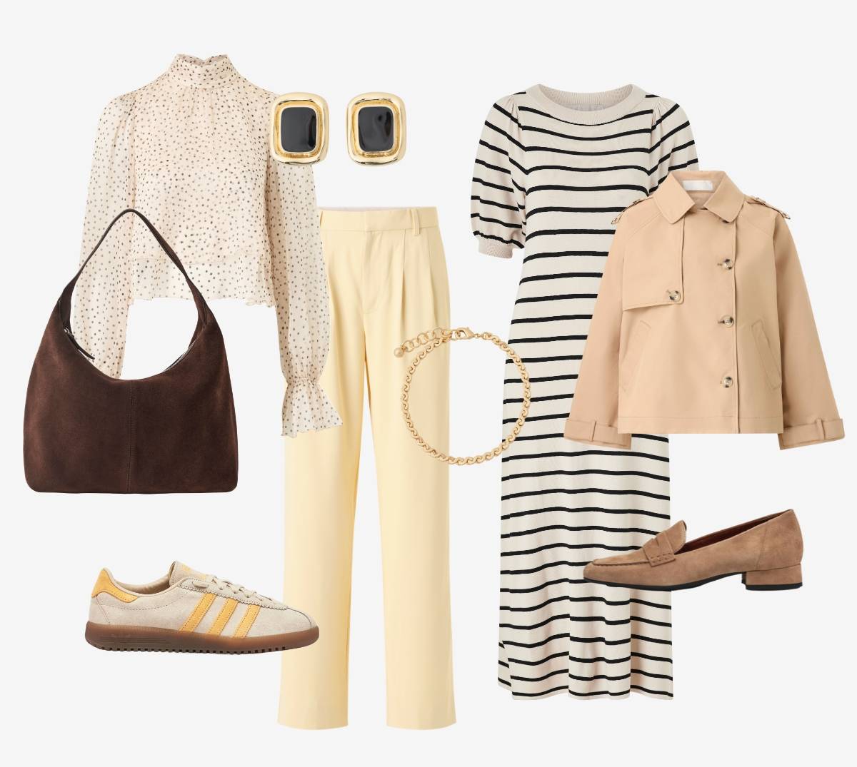Stilcollage: prikket beige bluse, guldfarvede øreringe, stribet kjole, brun hobo-taske, guldkædearmbånd, beige jakke, beige sneakers med gule striber, lysegule bukser og beige loafers.