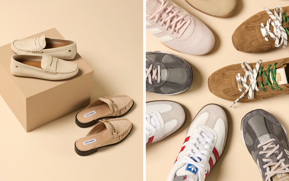 Billede med skonyheder: beige loafers i læder på æske, beige ruskindsmules samt flere sneakers i forskellige farver.