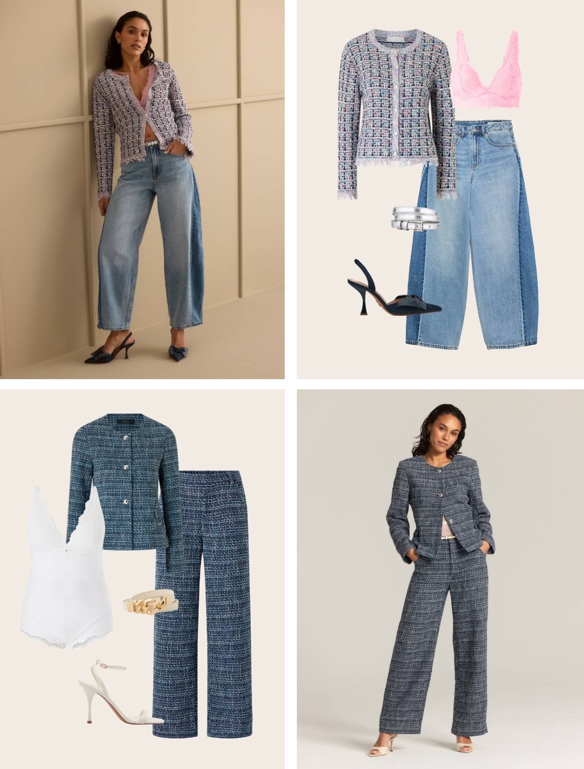 Kollasj med bouclé-antrekk for dame med en bouclé-bluse kombinert med barrel-jeans og et matchende bouclé-sett stylet med hæler.