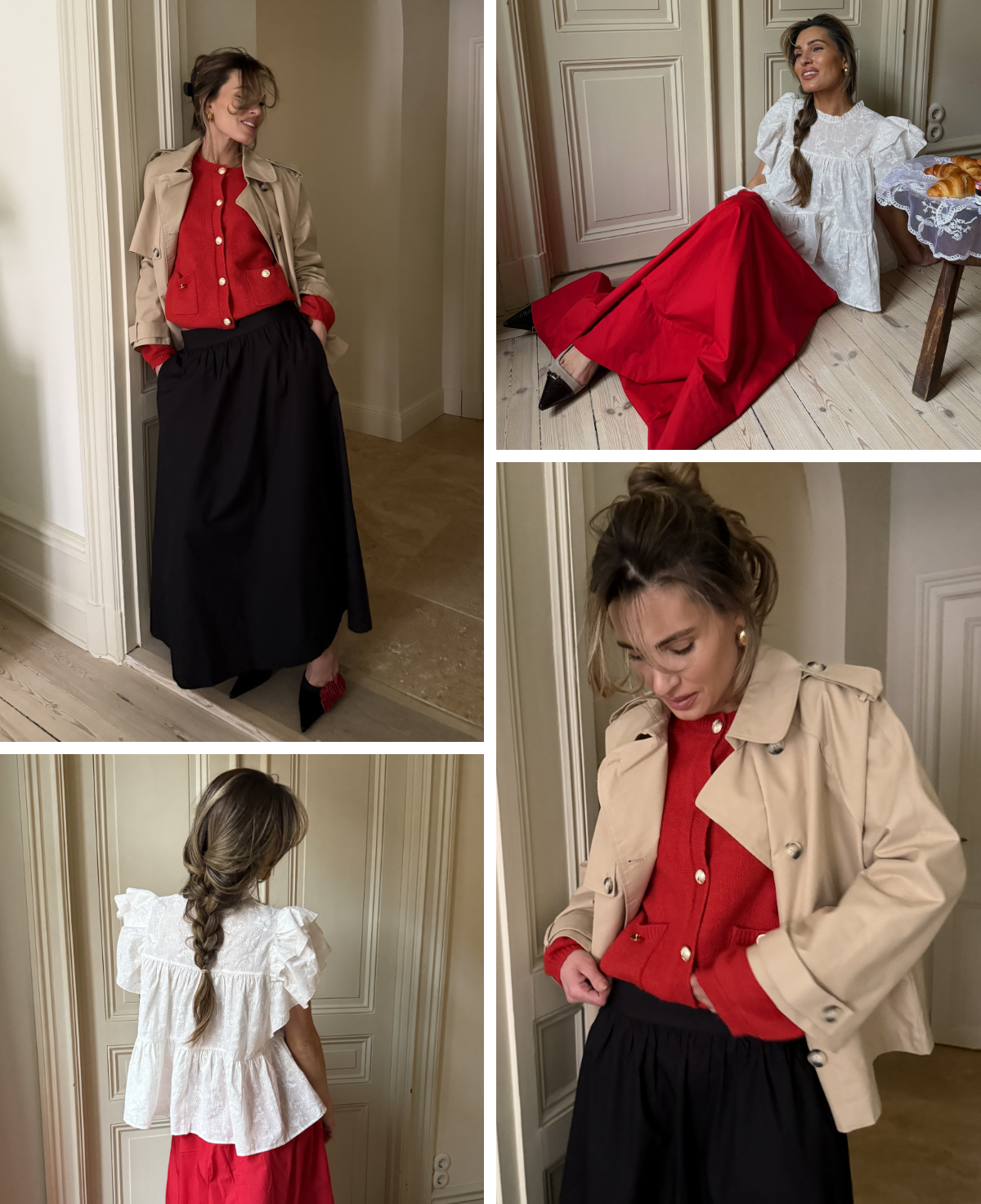 Kollasj av kvinne i rød bluse, langt svart skjørt og beige trenchcoat samt hvit bluse med rødt skjørt innendørs.