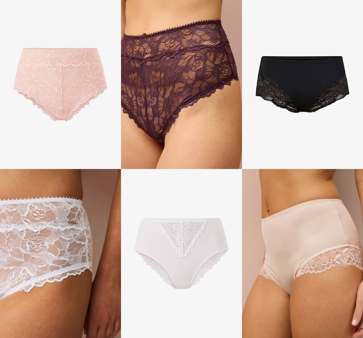 Kollasj med seks ulike truser i forskjellige farger og materialer, blant annet blonder.