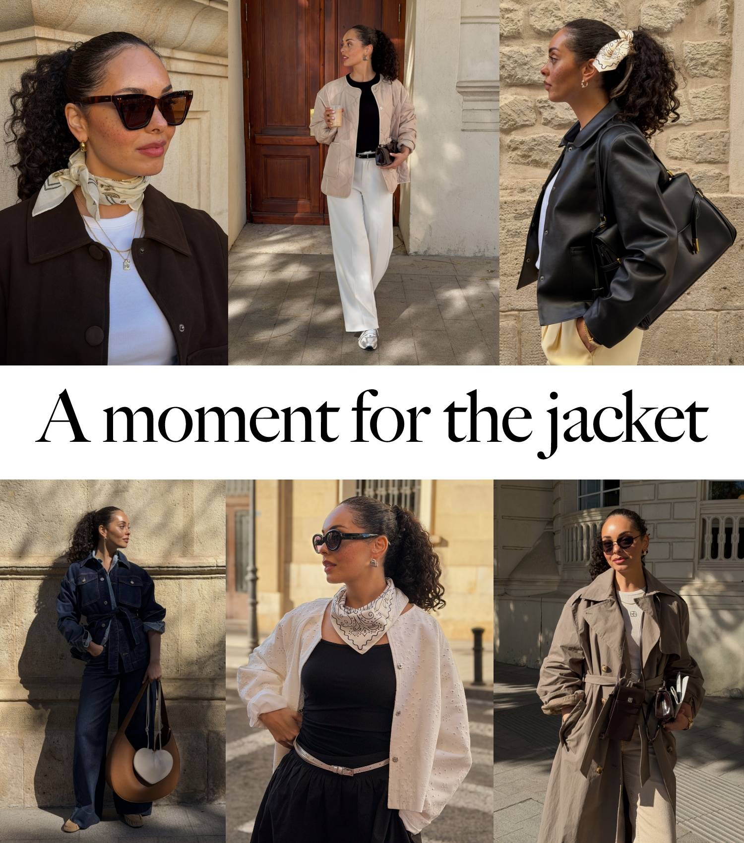 Kollaasi naisesta, joka käyttää erilaisia takkeja ja asuja ulkona, otsikolla ”A moment for the jacket”.