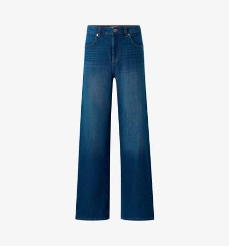 Blå jeans med vide ben, høj talje og fuld længde.
