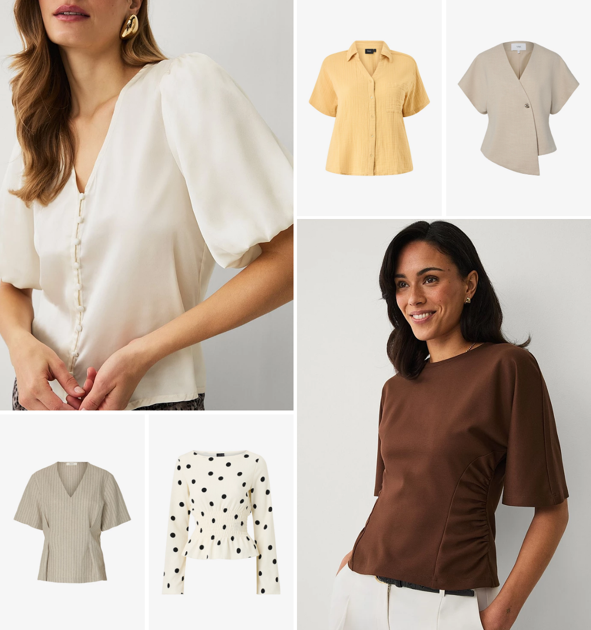 En collage med flere dametoppe i lyse og neutrale farver. Til venstre ses et nærbillede af en kvinde i en cremehvid bluse med pufærmer og knaplukning foran. Til højre bærer en anden kvinde en brun kortærmet top med let taljeret pasform. Rundt omkring vises produktbilleder af forskellige toppe: en gul kortærmet skjorte, en beige slå-om-top, en ribstrikket beige top med V-udskæring samt en hvid langærmet top med sorte prikker og markeret talje.