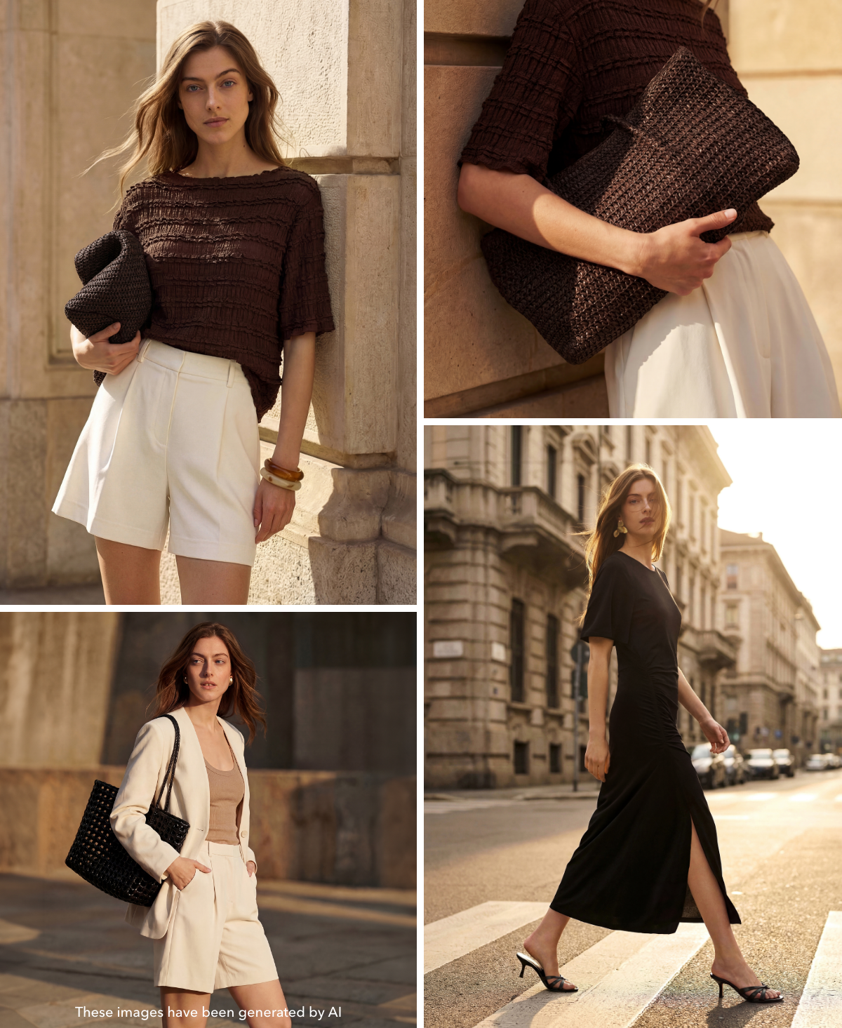 Kollage med modeller i sommerlige outfits, herunder brun top med hvide shorts, jakkesætlook og sort kjole i bymiljø.