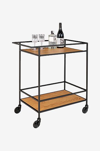 Bar Trolley Vita. Black frame with wheels and two Oak shelves