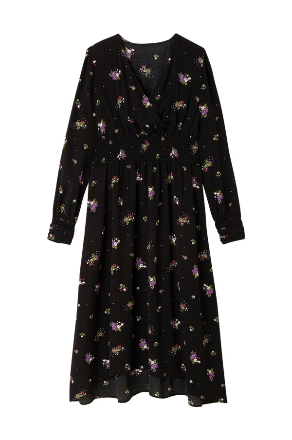 La Redoute - Blomstret, A-formet kjole med langt ærme - Sort - 34