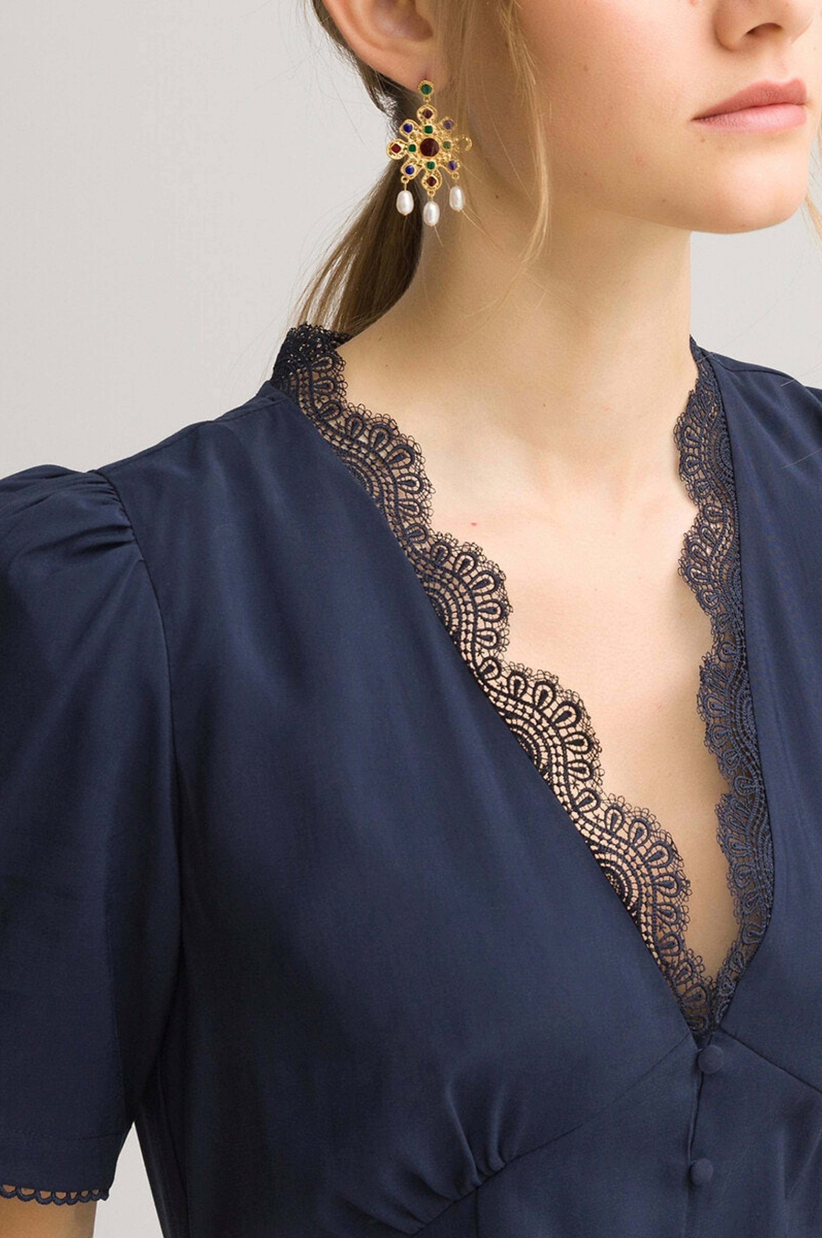 La Redoute Collections Lång klänning med V-ringning och kort ärm 