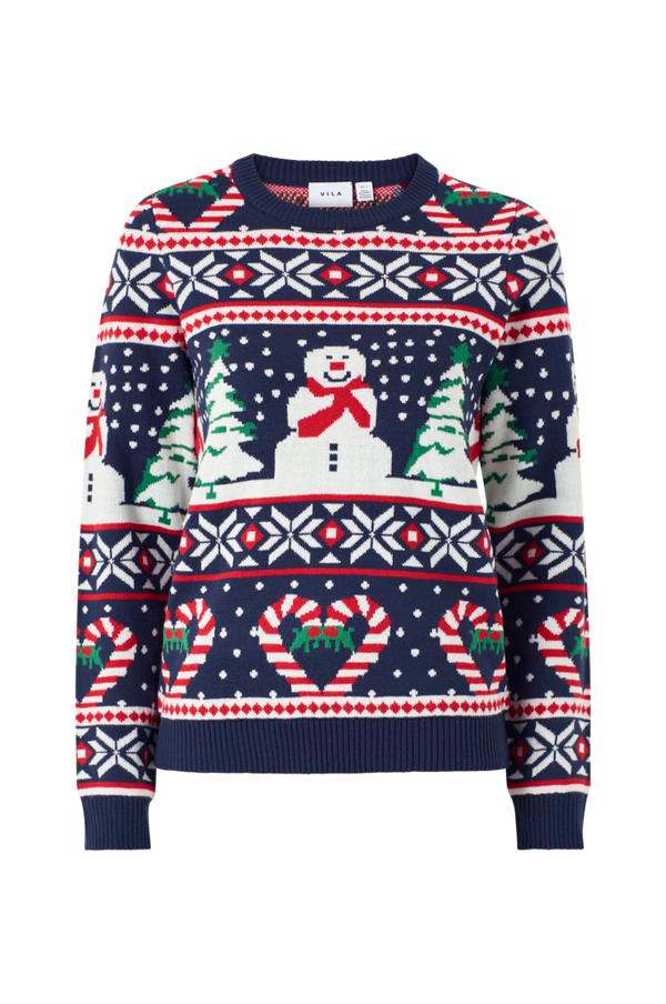 Vila - Julesweater viAnna L/S Christmas Knit - Blå - 34 - Strik - Tøj til kvinder (31577012)