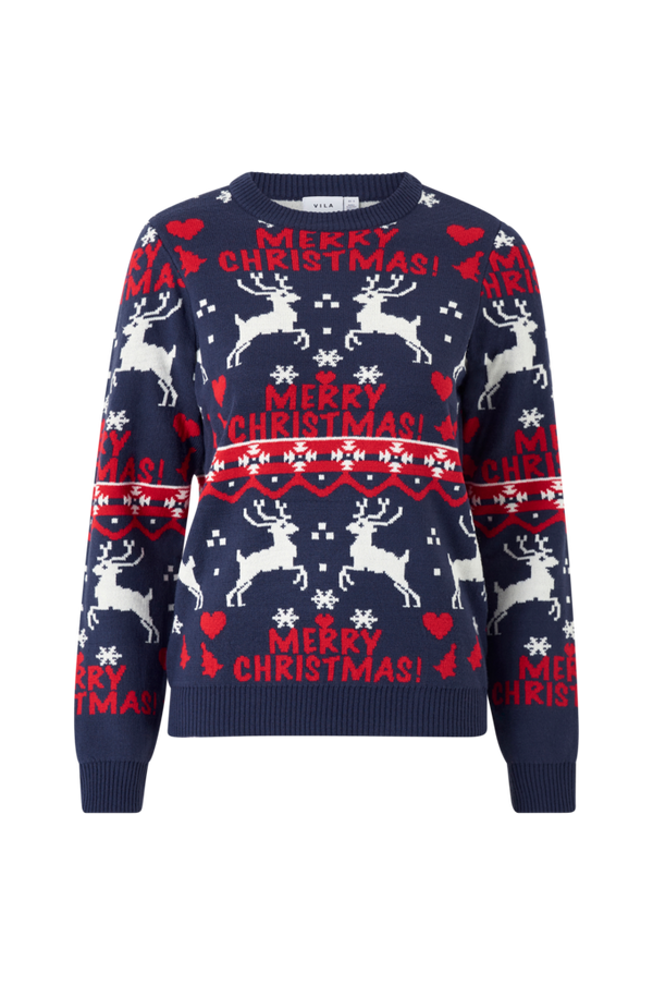 Vila - Julesweater viAnna Reindeer Christmas Knit Top - Blå - - Strik - Tøj til kvinder (31553105)