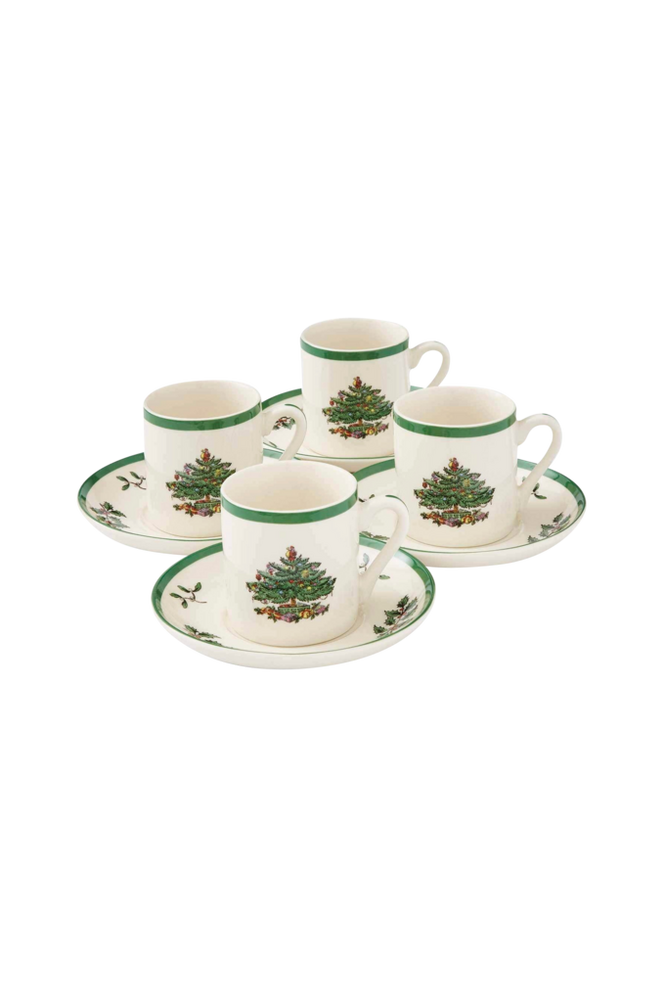 Set med 4 espressokoppar med fat Christmas Tree