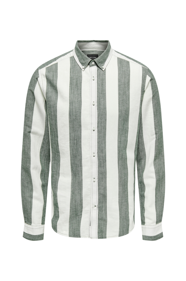 ONLY & SONS - Skjorte onsArlo Slim LS Stripe Hrb Linen SH - Grøn - XL