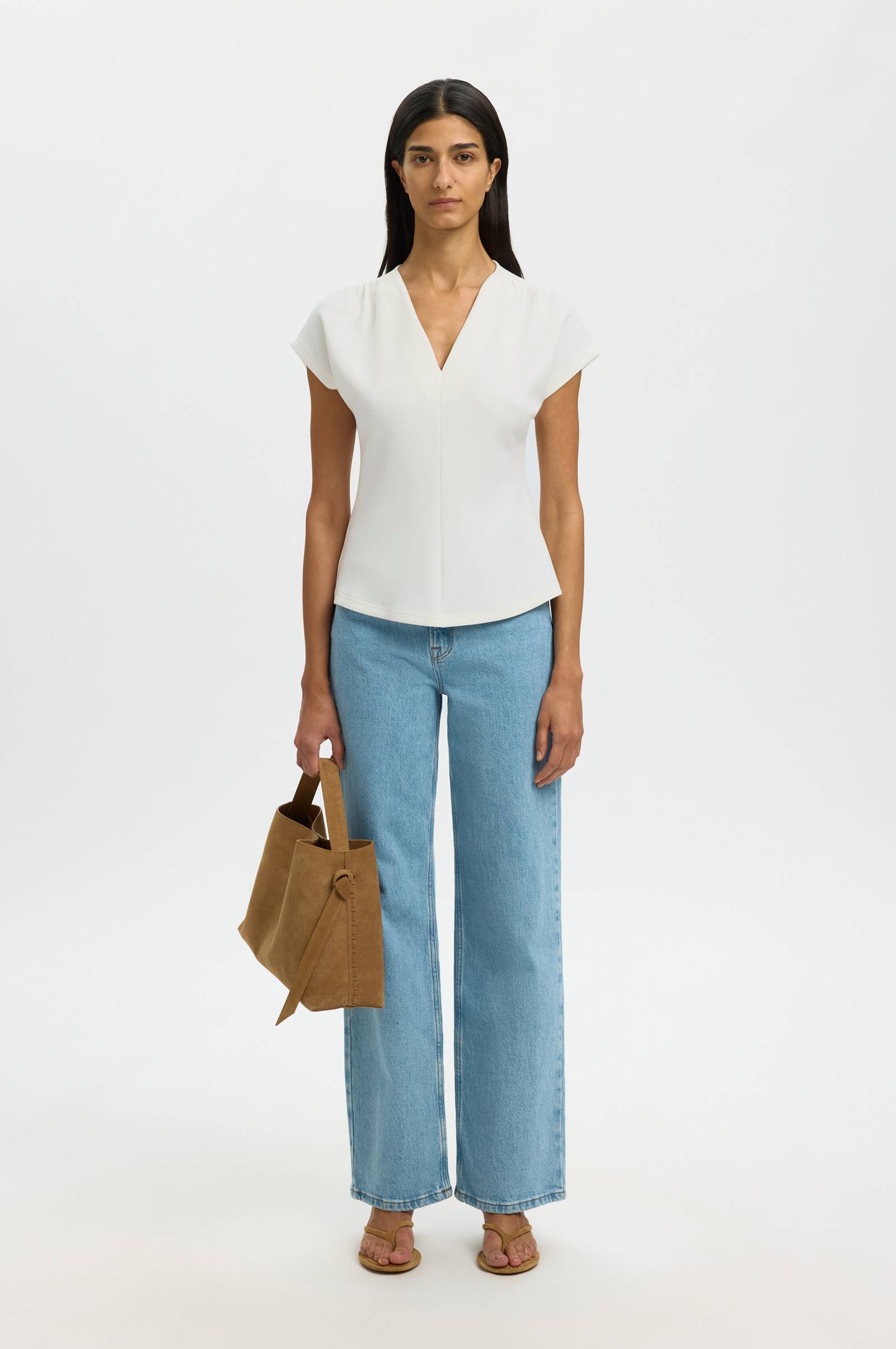 Witte SELECTED FEMME Top SLFTENNY SS V-NECK TOP