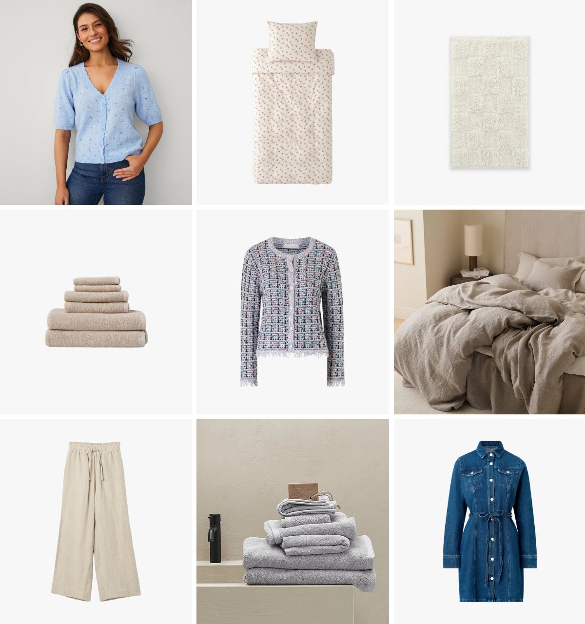 Produktcollage med dametøj og boligindretning, herunder blå top, sengesæt, tæppe, håndklæder, cardigan, seng med sengetøj, bukser og denimkjole.
