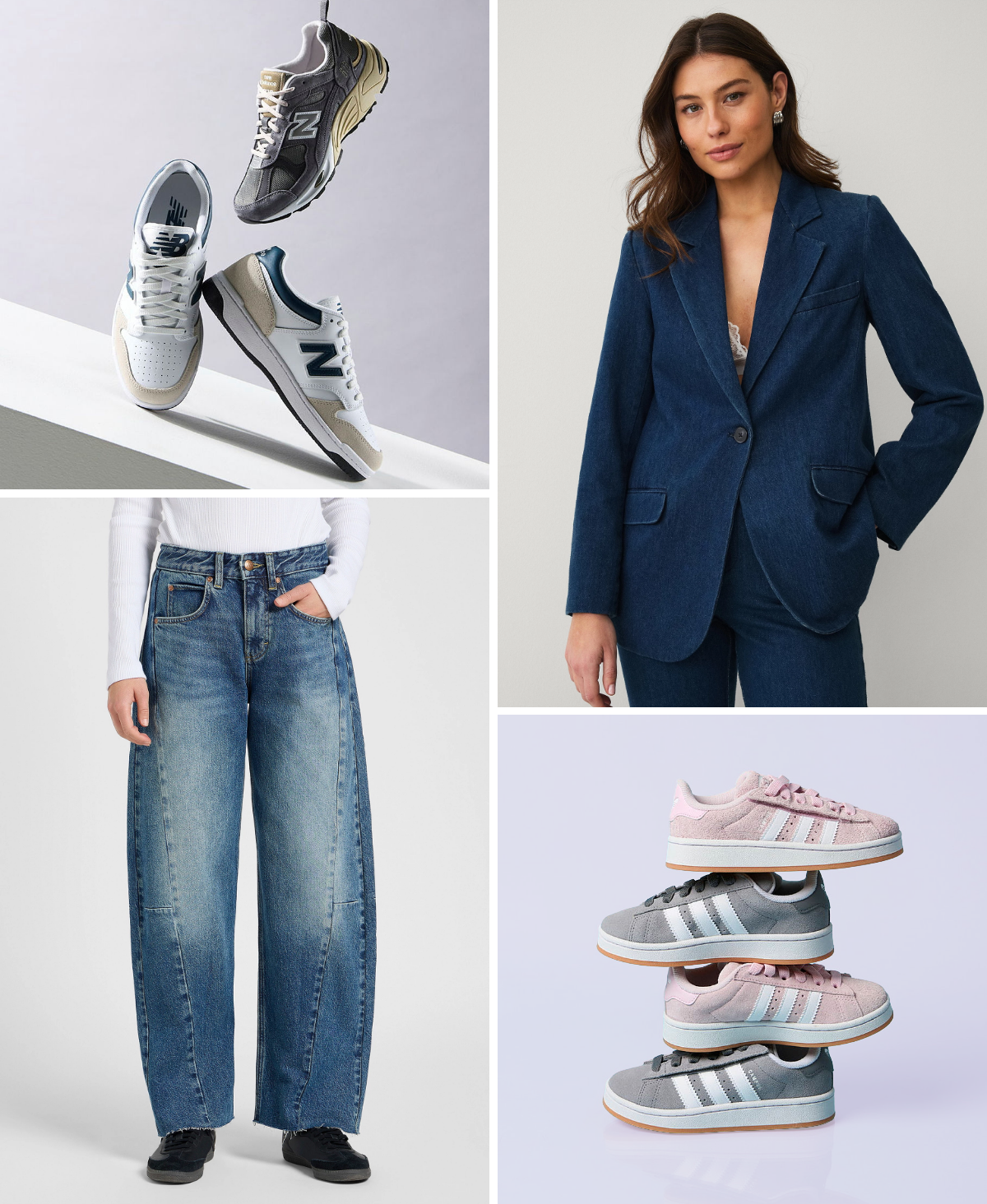 Collage med sneakers, blå jeans, blå blazer og sneakers i rosa og grå.