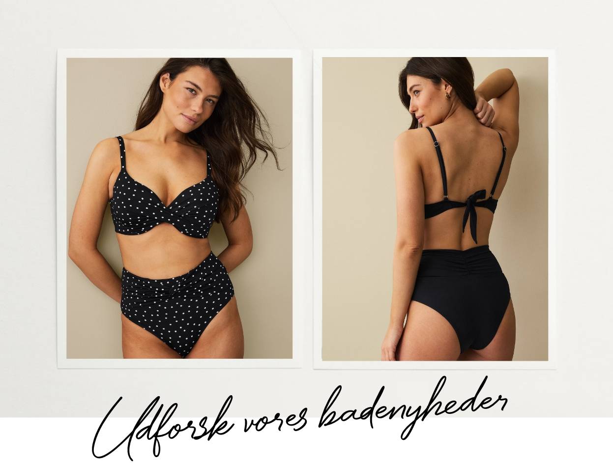 Kollage med to billeder: kvinde i sort prikket bikini forfra og bagfra.