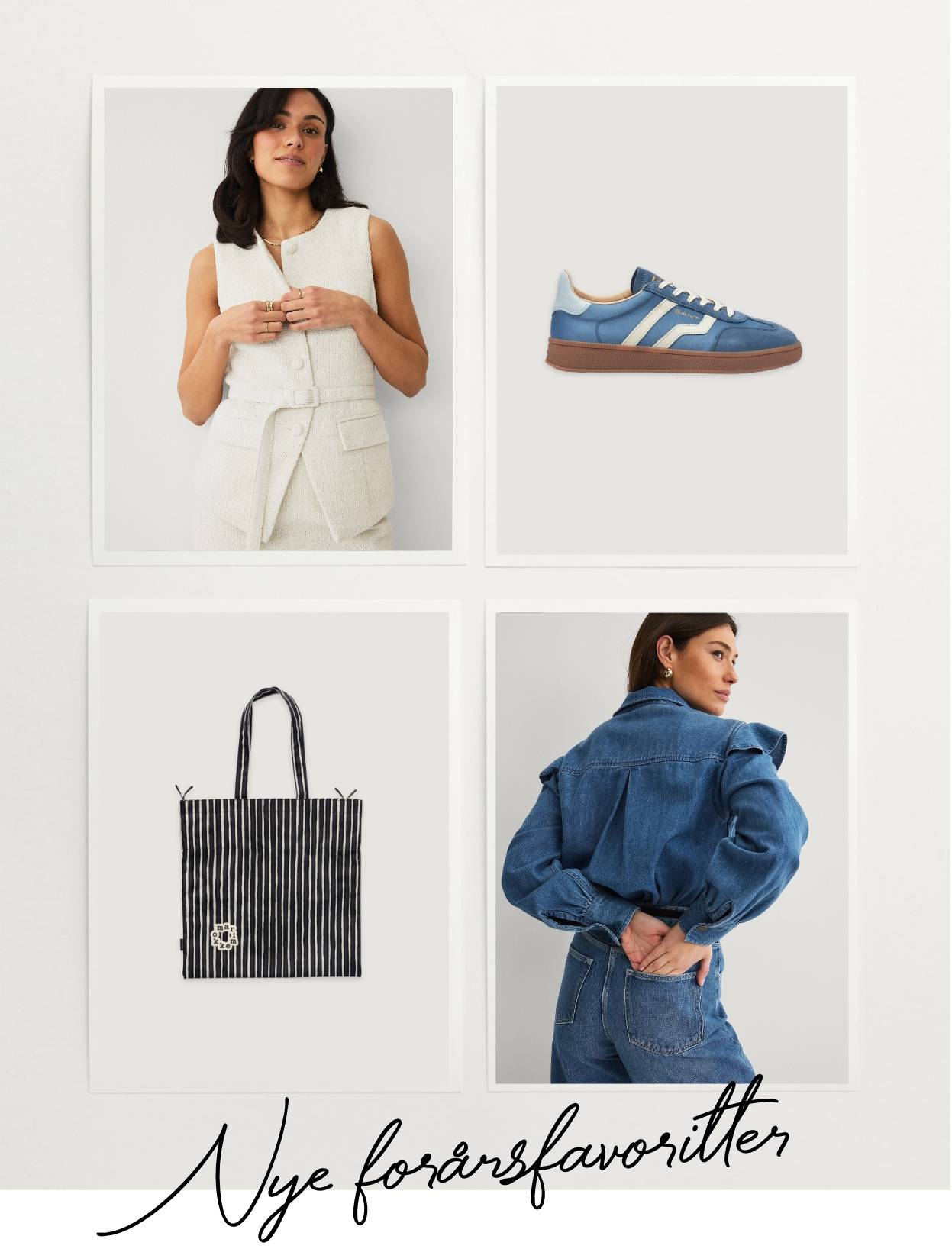 Kollage med fire billeder: kvinde i lys vest og shorts, blå sneakers, stribet taske og kvinde i denimset.