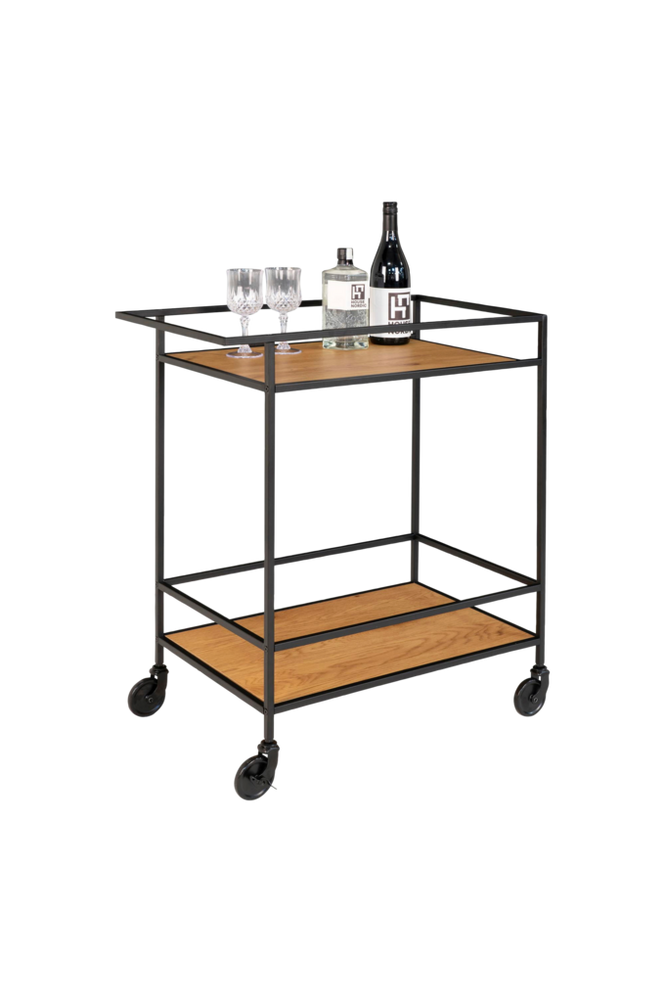 Bar Trolley Vita. Black frame with wheels and two Oak shelves