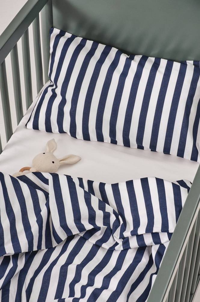 BOEL MINI påslakanset spjälsäng - ekologisk Marinblå/vit